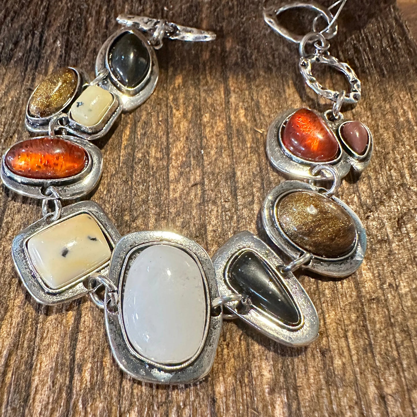 Handcrafted Boho Western Chic Natural Stone Link Bracelet, Adjustable, Multicolor, Gift Box - Silver Elegant
