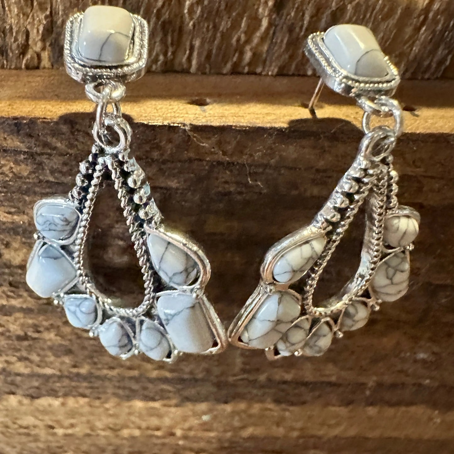 Boho Hippie Western Delicate White Stone Drop Stud Earrings, Gift Box - Silver Elegant