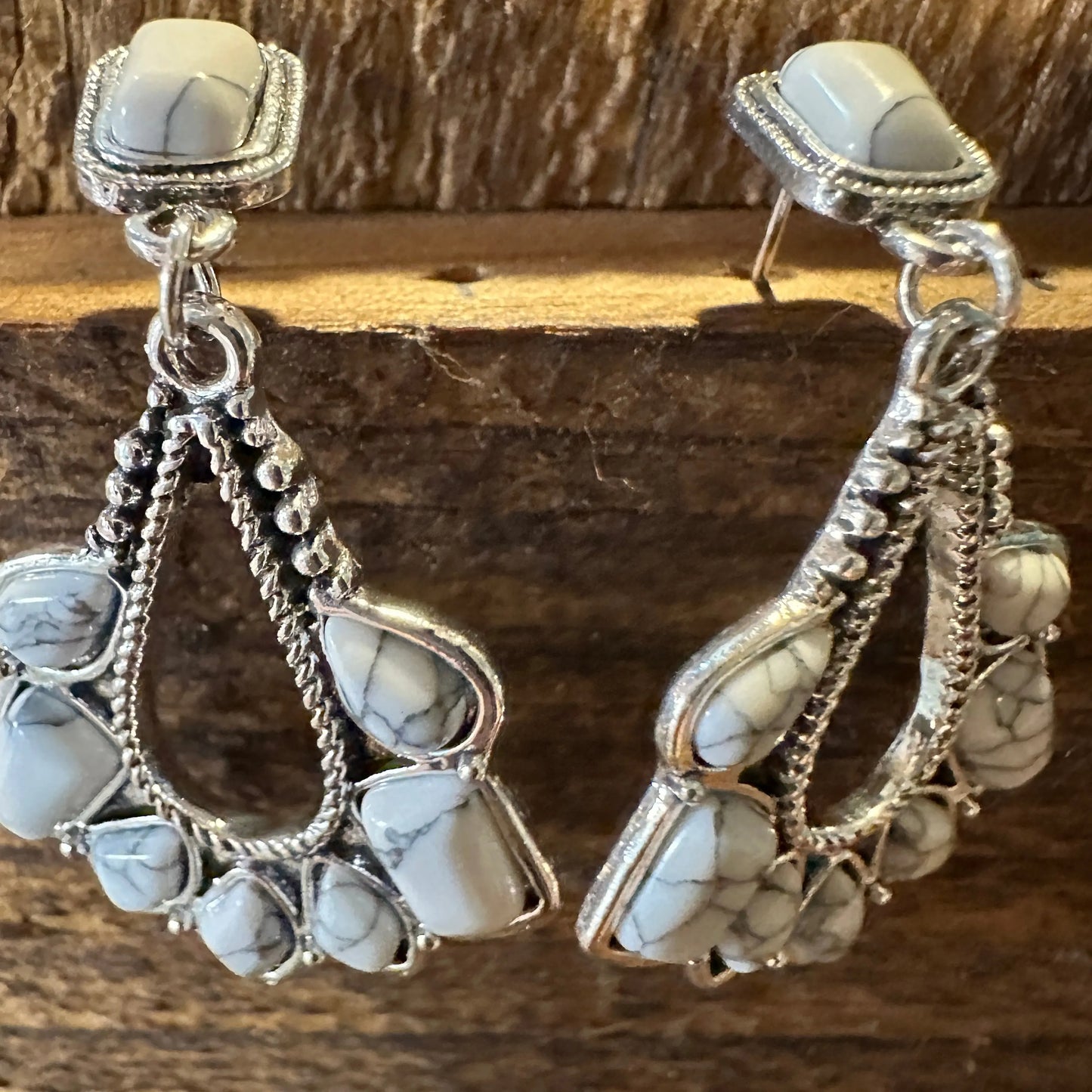 Boho Hippie Western Delicate White Stone Drop Stud Earrings, Gift Box - Silver Elegant