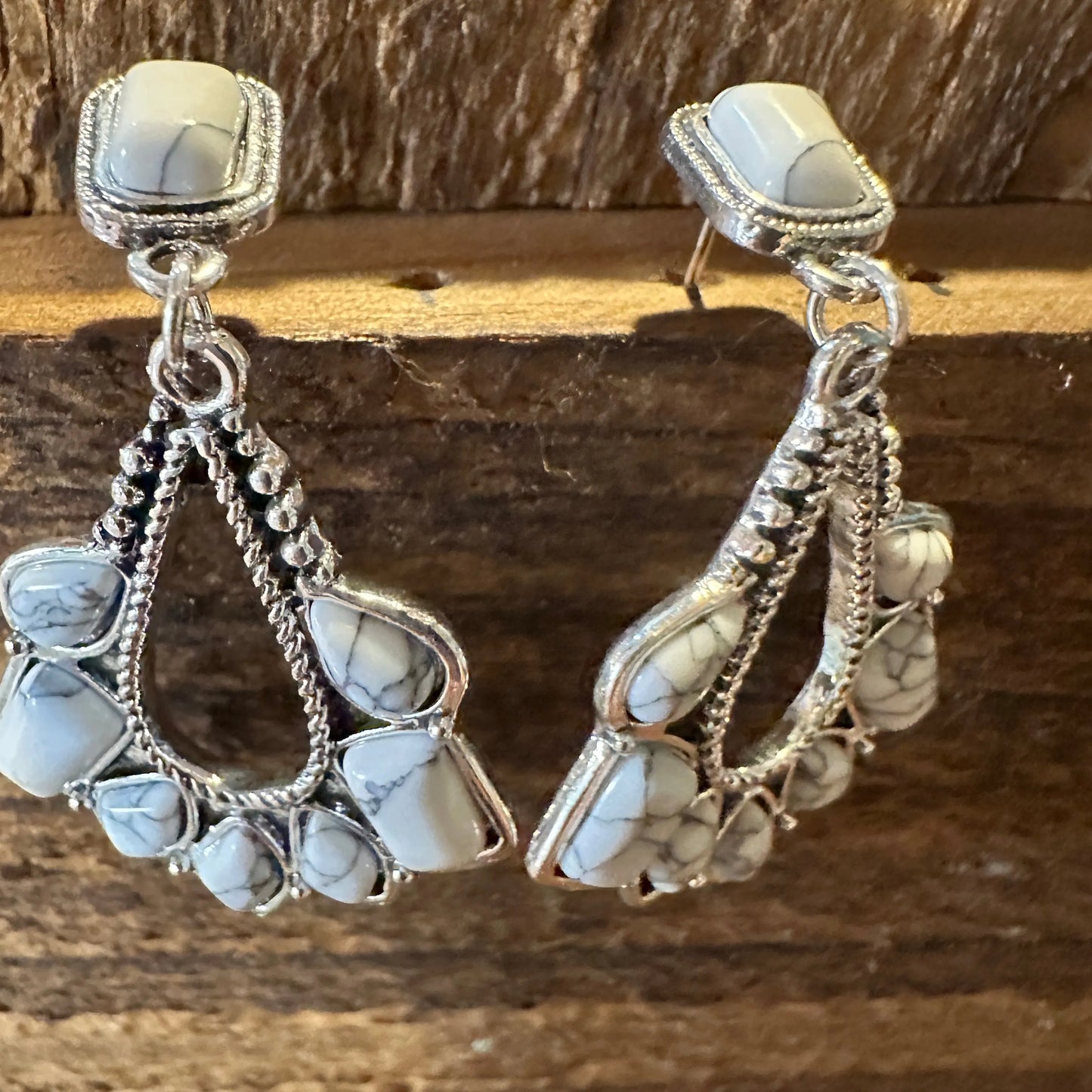 Boho Hippie Western Delicate White Stone Drop Stud Earrings, Gift Box - Silver Elegant