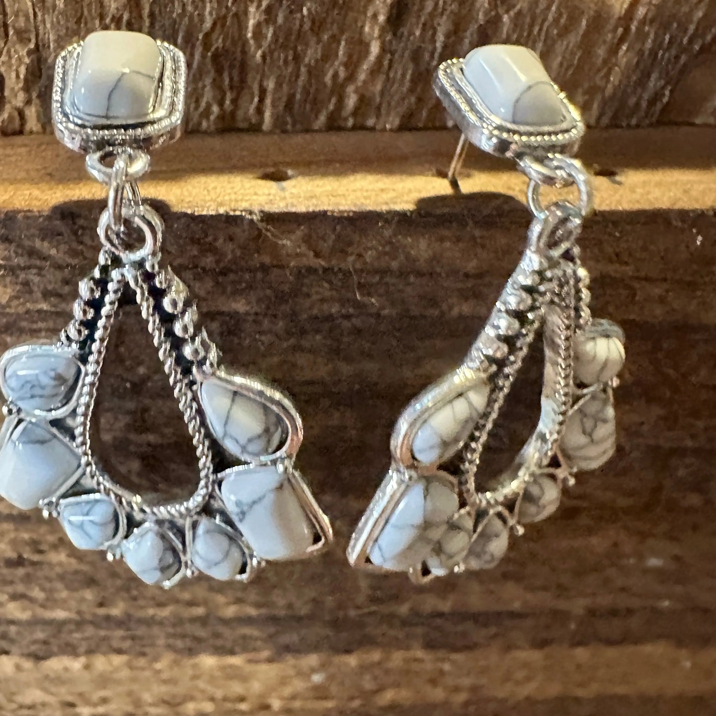 Boho Hippie Western Delicate White Stone Drop Stud Earrings, Gift Box - Silver Elegant