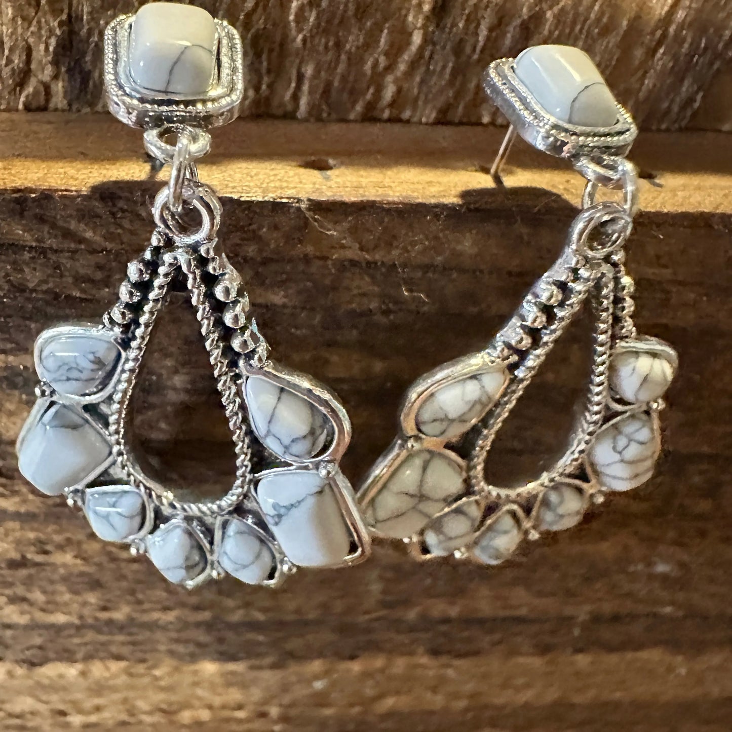 Boho Hippie Western Delicate White Stone Drop Stud Earrings, Gift Box - Silver Elegant