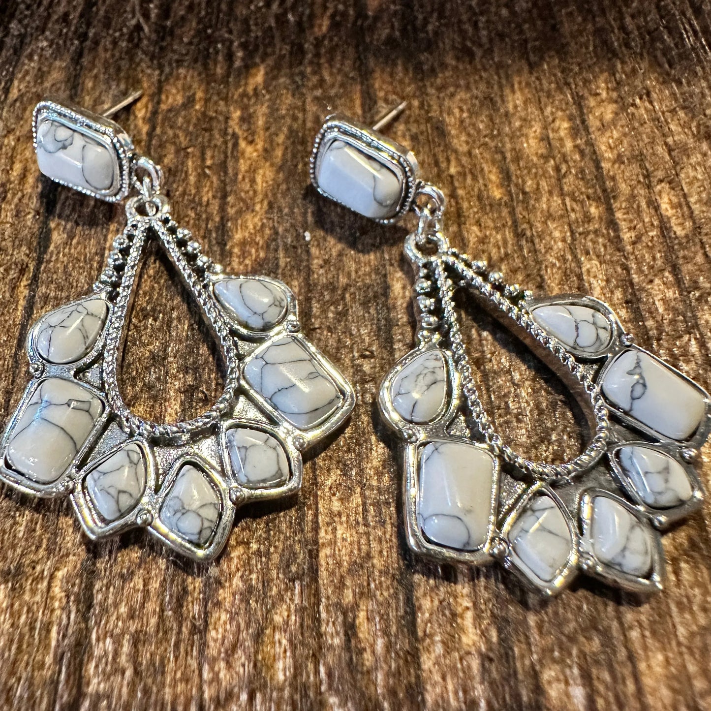 Boho Hippie Western Delicate White Stone Drop Stud Earrings, Gift Box - Silver Elegant