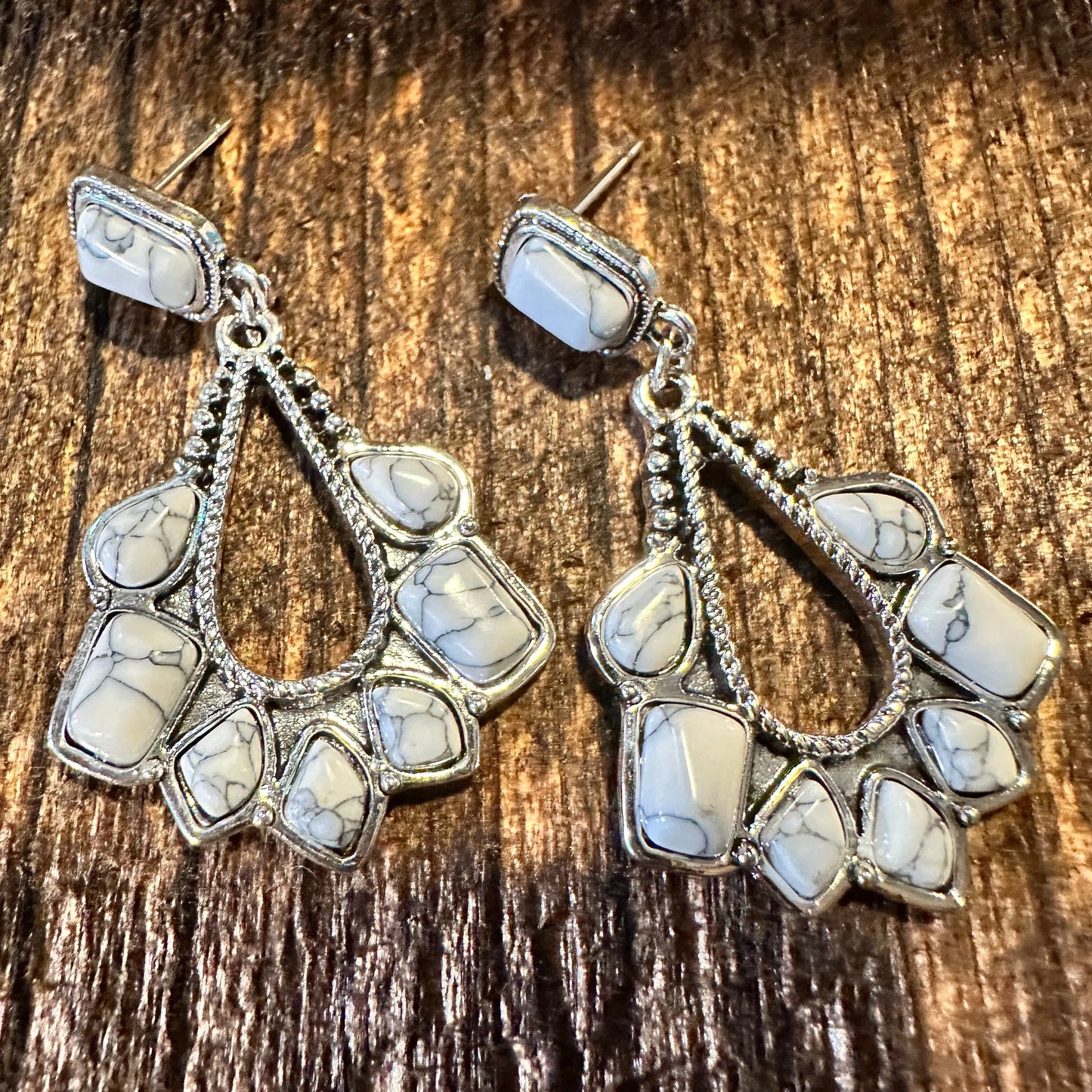 Boho Hippie Western Delicate White Stone Drop Stud Earrings, Gift Box - Silver Elegant