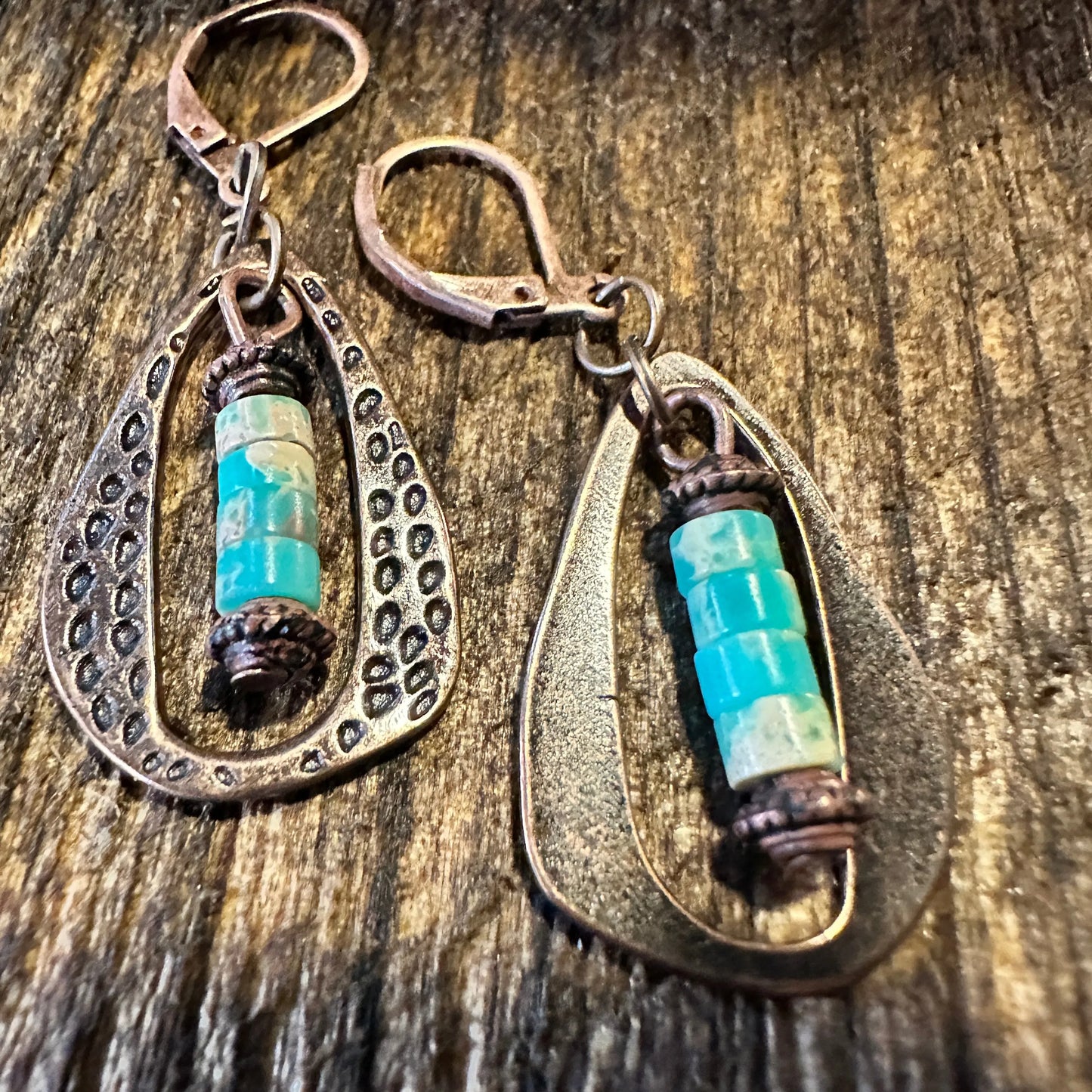 Boho Hippie Western Delicate Copper & Turquoise Drop Wire Earrings, Gift Box - Silver Elegant