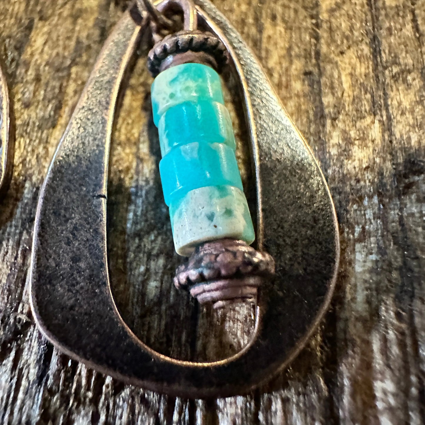 Boho Hippie Western Delicate Copper & Turquoise Drop Wire Earrings, Gift Box - Silver Elegant