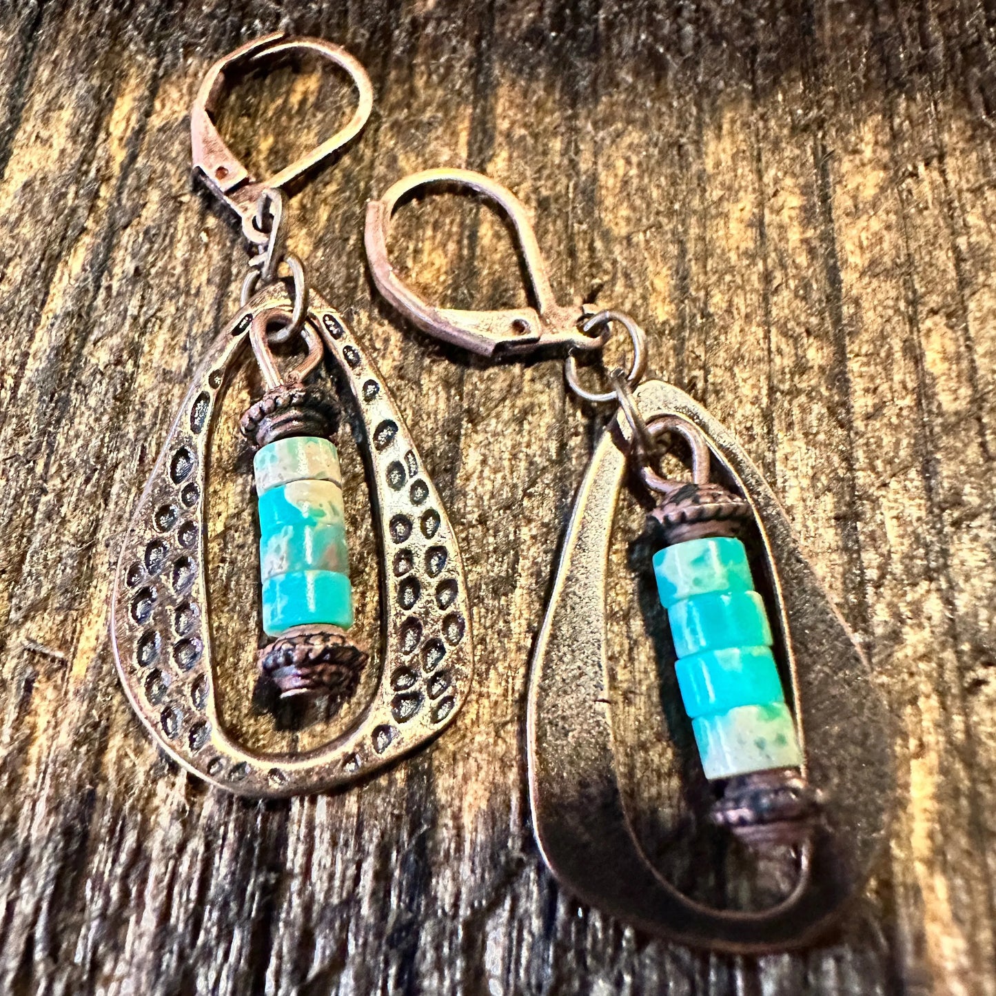 Boho Hippie Western Delicate Copper & Turquoise Drop Wire Earrings, Gift Box - Silver Elegant