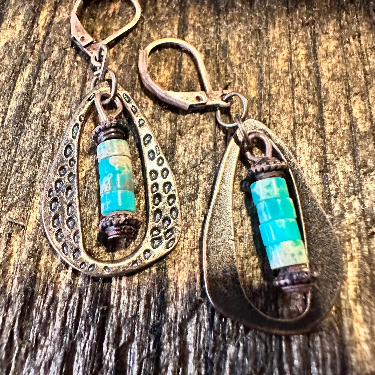 Boho Hippie Western Delicate Copper & Turquoise Drop Wire Earrings, Gift Box - Silver Elegant