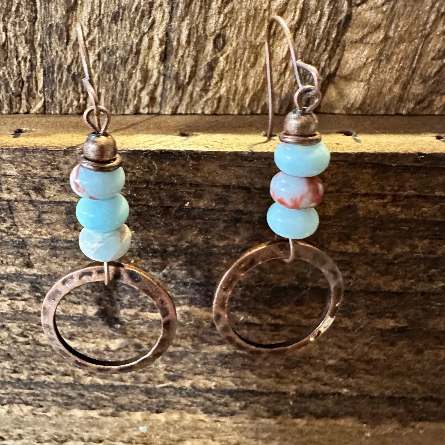 Boho Hippie Western Delicate Copper & Turquoise Beads Drop Wire Earrings, Gift Box - Silver Elegant
