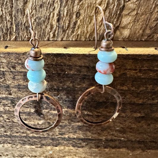 Boho Hippie Western Delicate Copper & Turquoise Beads Drop Wire Earrings, Gift Box - Silver Elegant