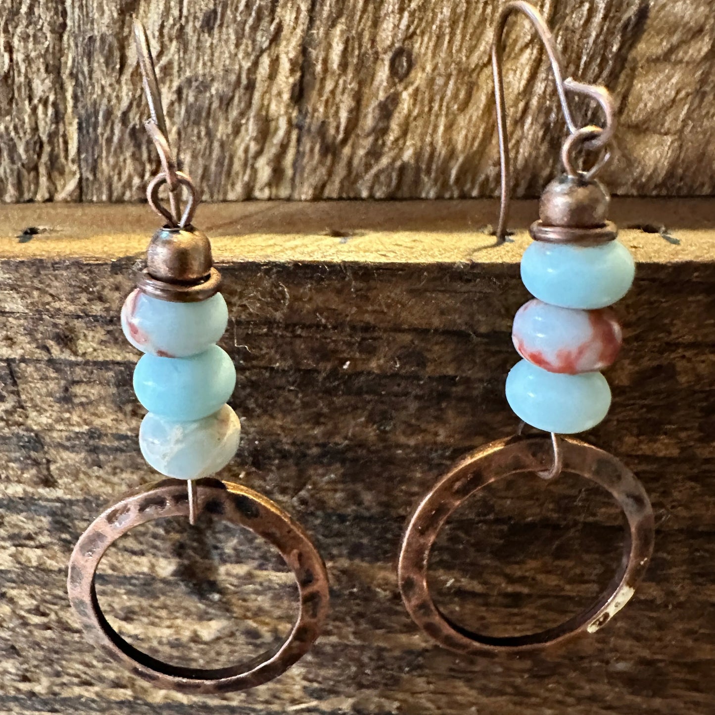 Boho Hippie Western Delicate Copper & Turquoise Beads Drop Wire Earrings, Gift Box - Silver Elegant