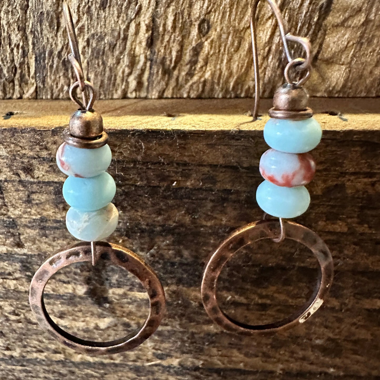 Boho Hippie Western Delicate Copper & Turquoise Beads Drop Wire Earrings, Gift Box - Silver Elegant