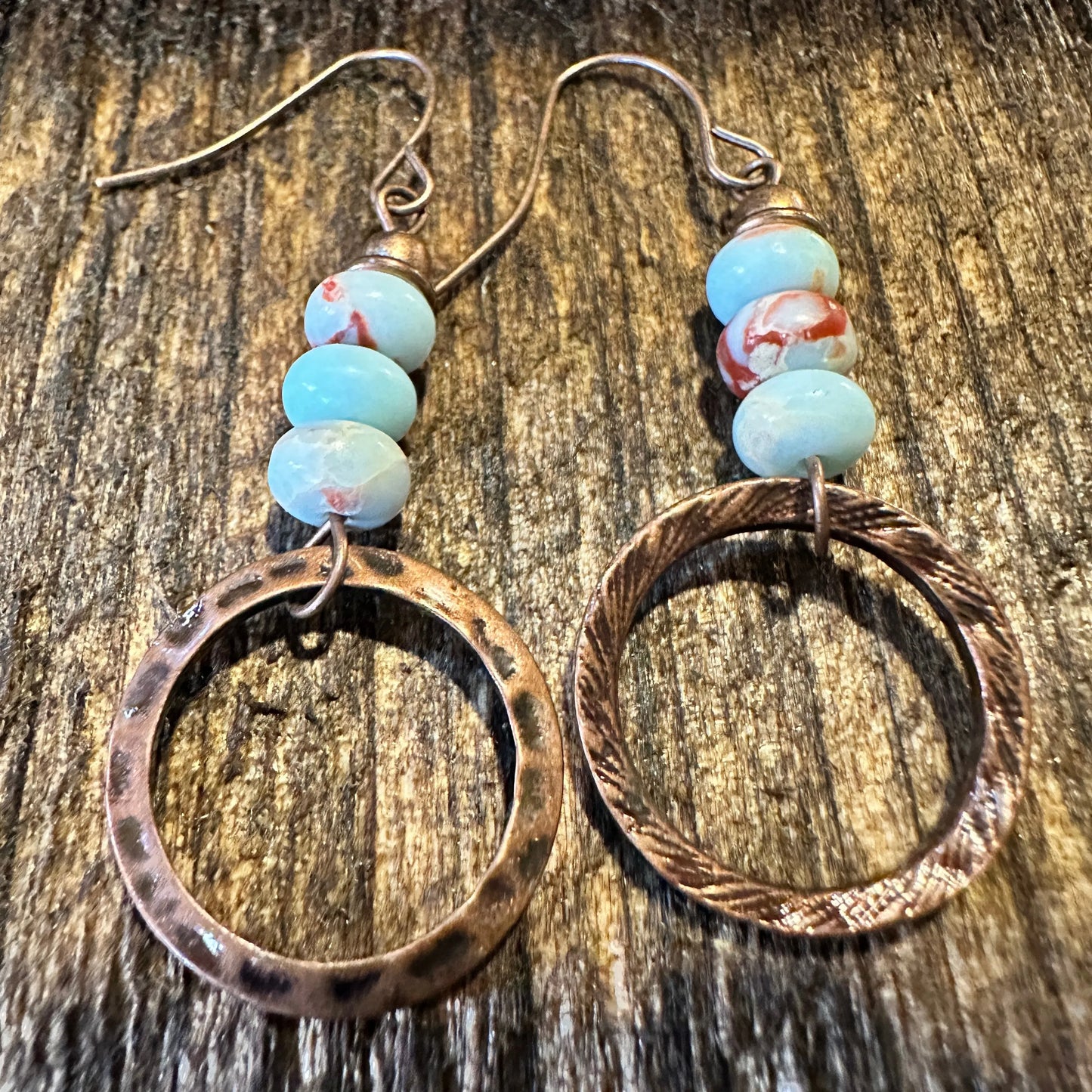Boho Hippie Western Delicate Copper & Turquoise Beads Drop Wire Earrings, Gift Box - Silver Elegant