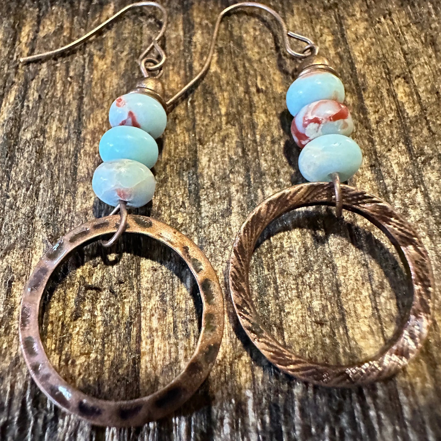 Boho Hippie Western Delicate Copper & Turquoise Beads Drop Wire Earrings, Gift Box - Silver Elegant