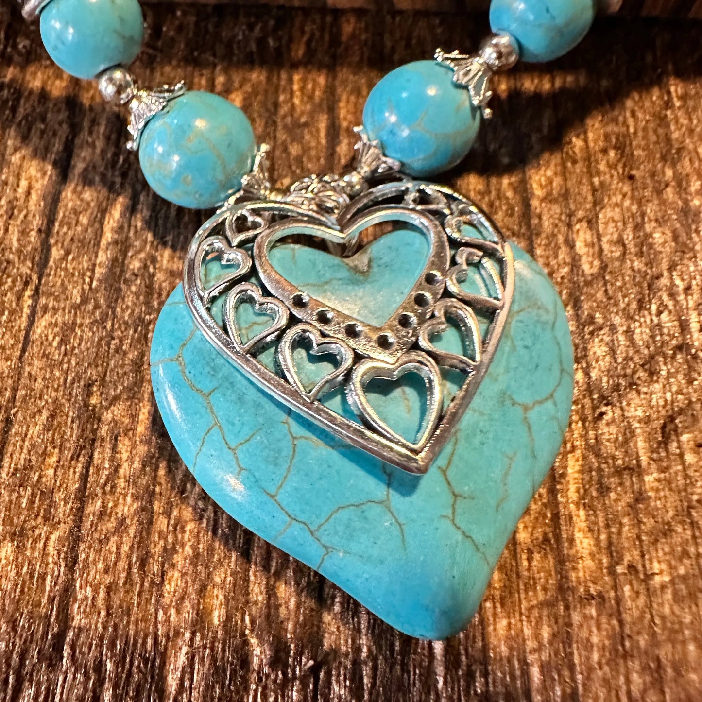 Boho Western Cowgirl Turquoise Adjustable Heart Necklace, Gift Box - Silver Elegant