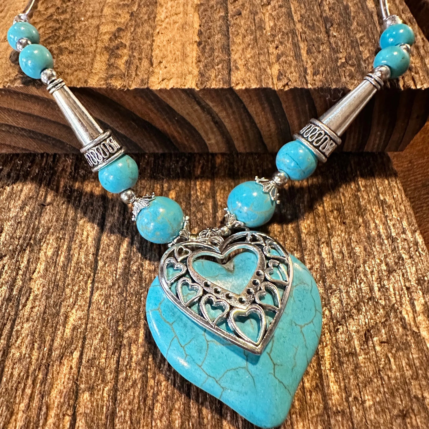 Boho Western Cowgirl Turquoise Adjustable Heart Necklace, Gift Box - Silver Elegant