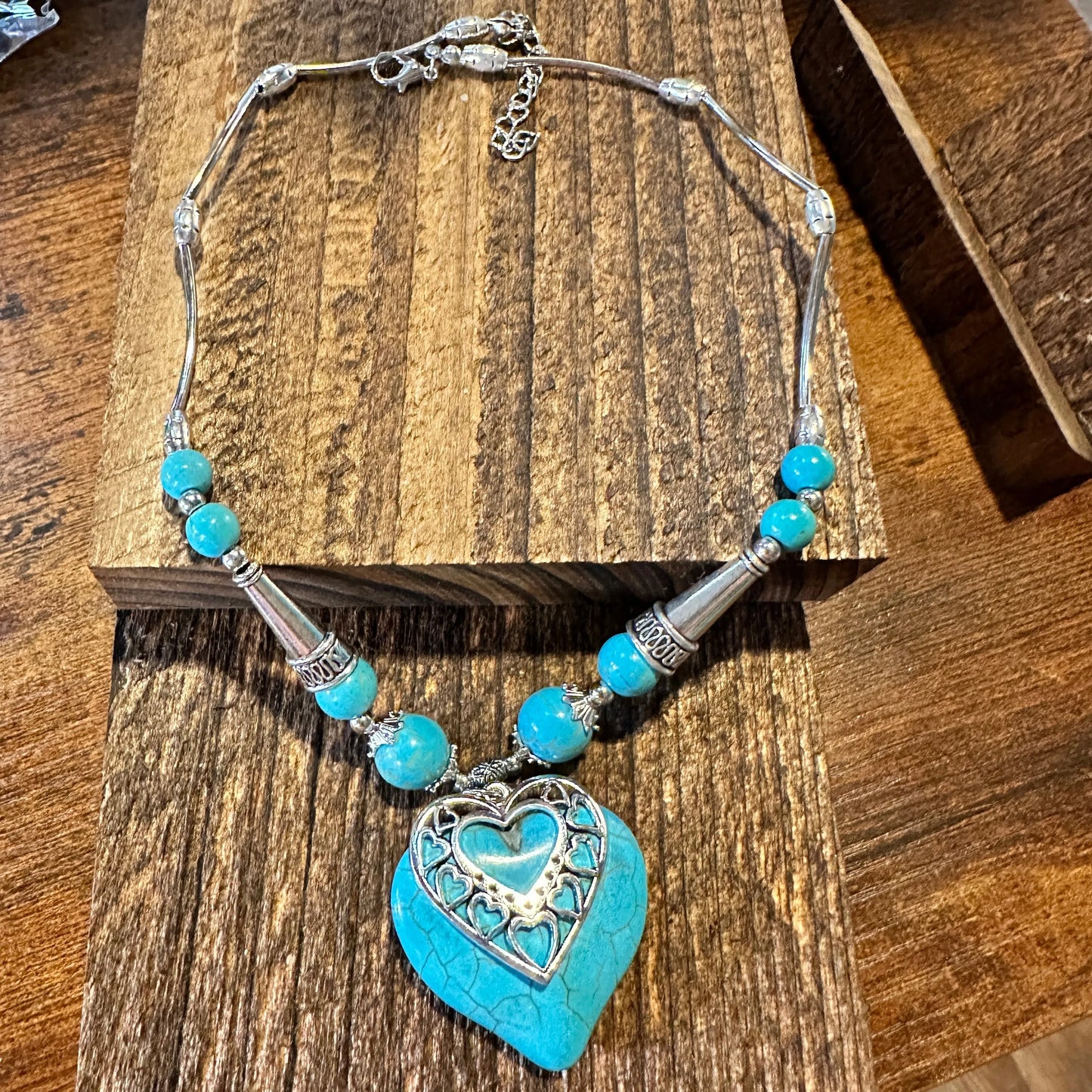 Boho Western Cowgirl Turquoise Adjustable Heart Necklace, Gift Box - Silver Elegant