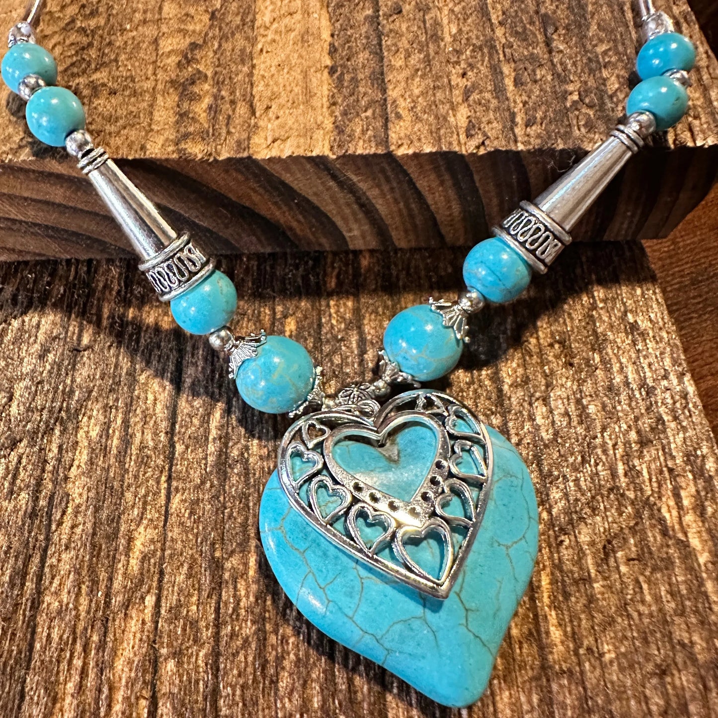 Boho Western Cowgirl Turquoise Adjustable Heart Necklace, Gift Box - Silver Elegant
