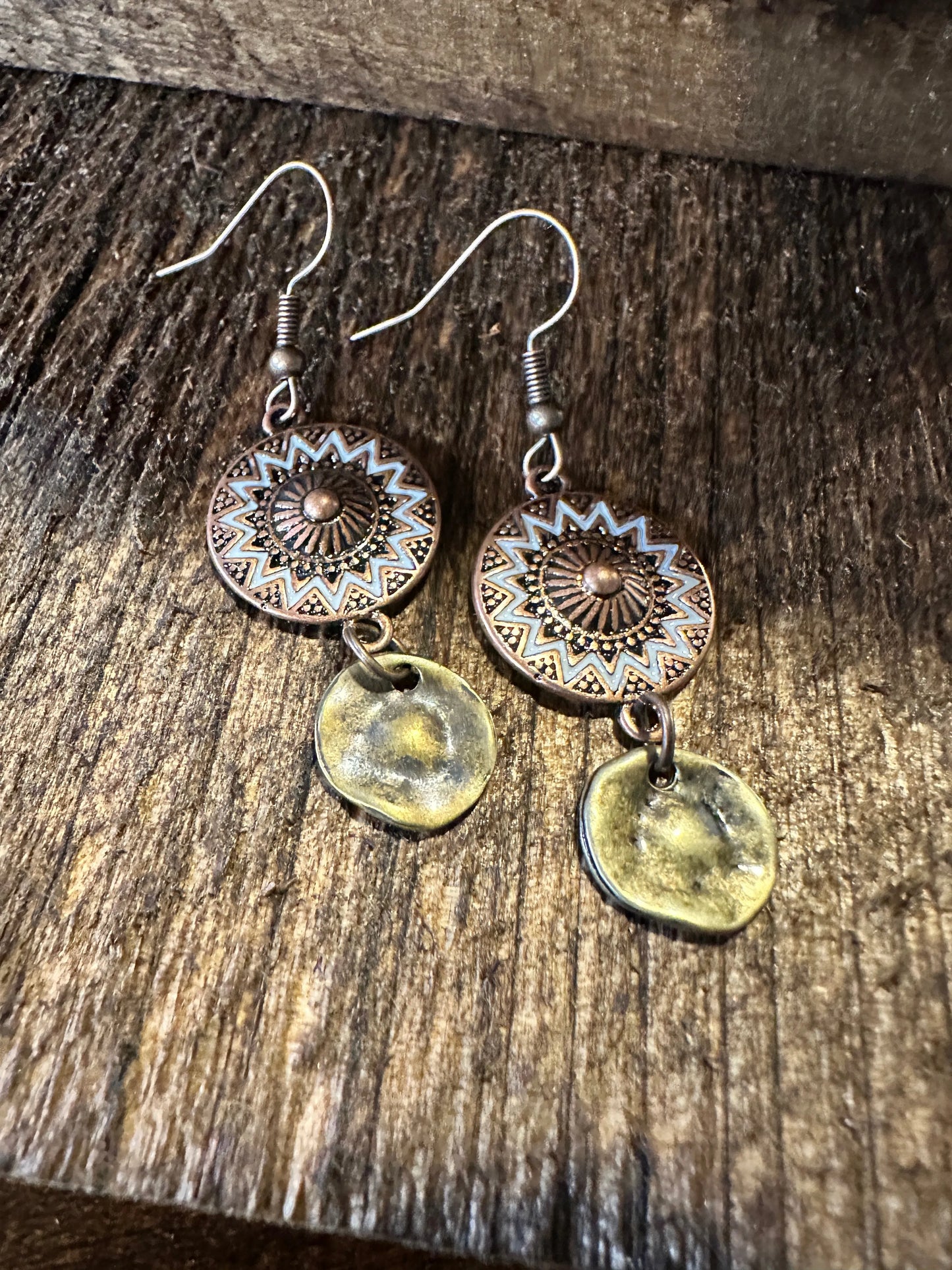 Boho Hippie Western Delicate Copper Sunshine Drop Wire Earrings, Gift Box - Silver Elegant