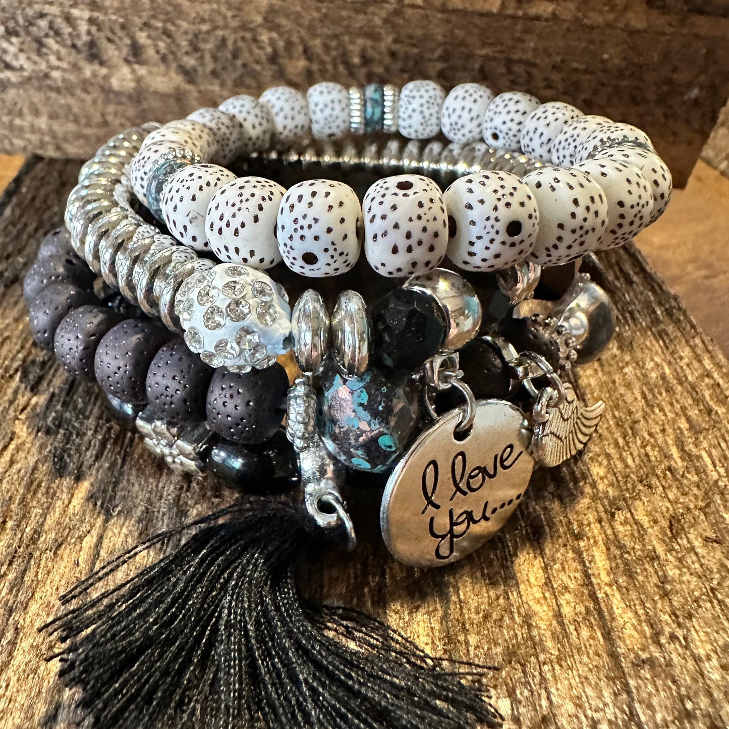 Bohemian Hippie Bracelet, Chic Brown Wooden Bead Love Feather Stretch Bracelet, 4Pc/Set, Gift Box - Silver Elegant