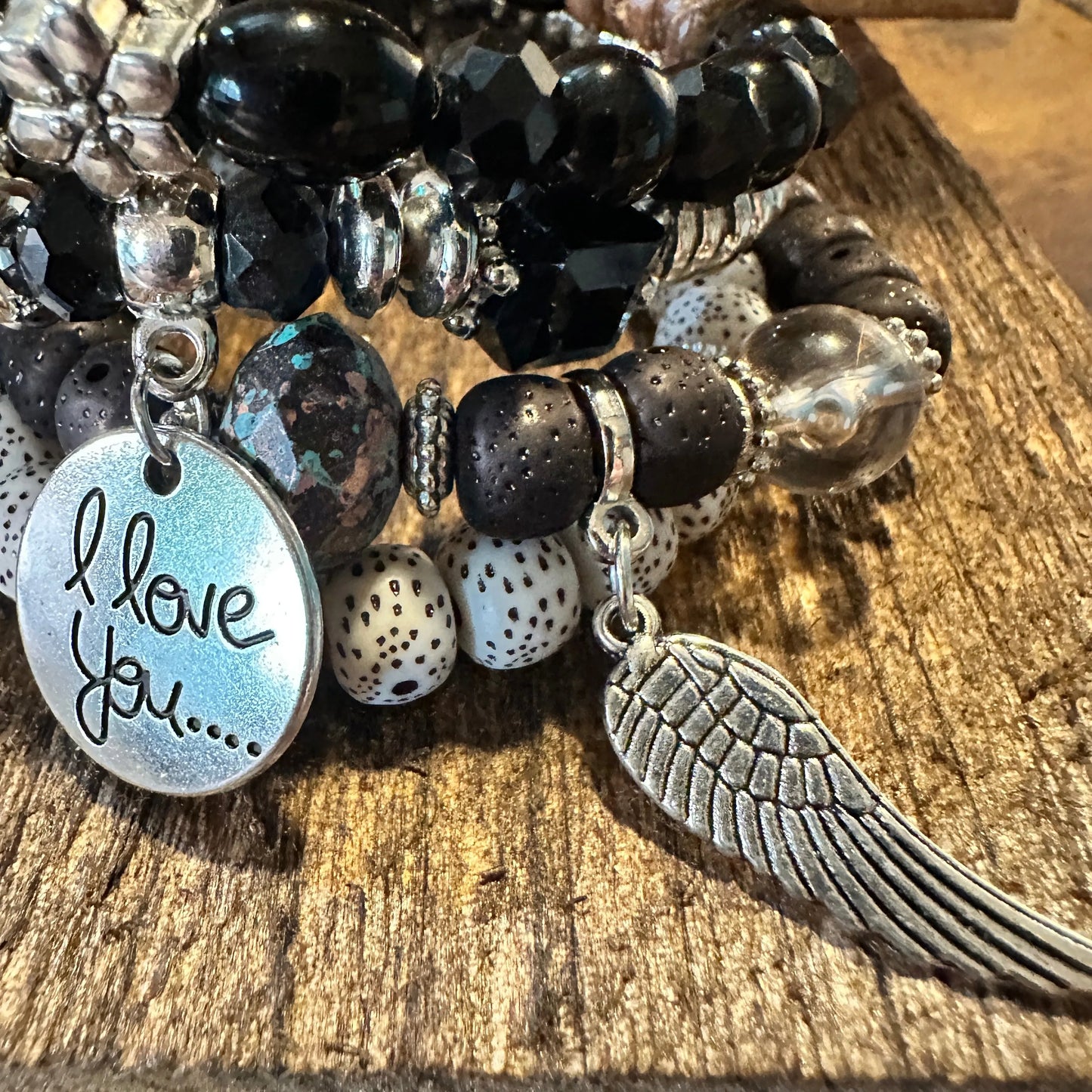 Bohemian Hippie Bracelet, Chic Brown Wooden Bead Love Feather Stretch Bracelet, 4Pc/Set, Gift Box - Silver Elegant
