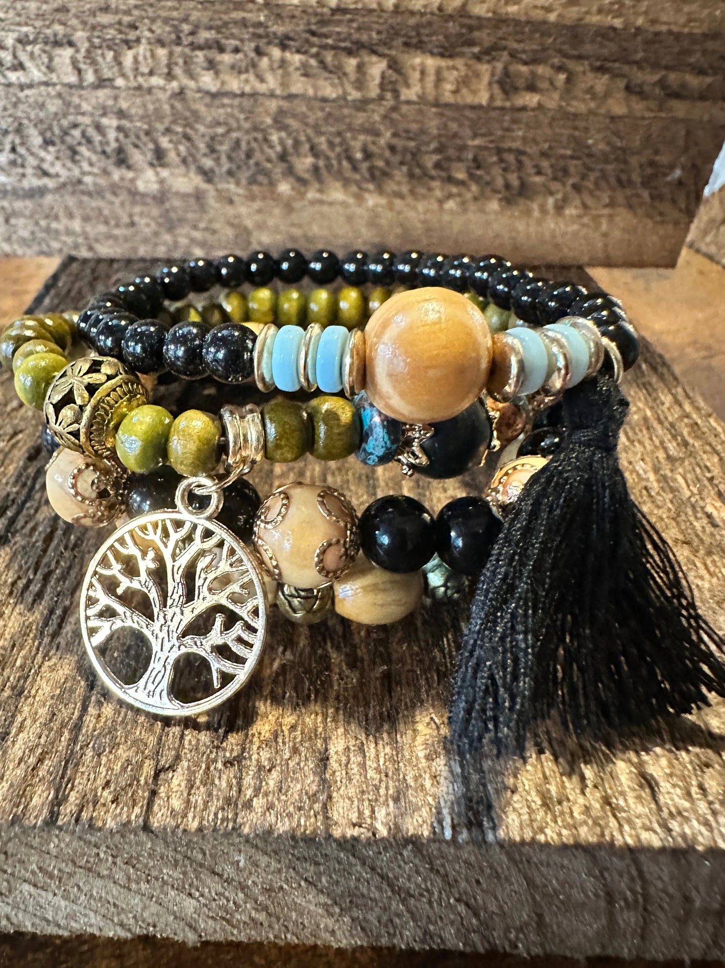 Boho Hippie Bracelet, Tassel Tree Of Life Pendant Stacked Wooden Bead Stretch Bracelet, 4 Pc/Set, Gift Box - Silver Elegant