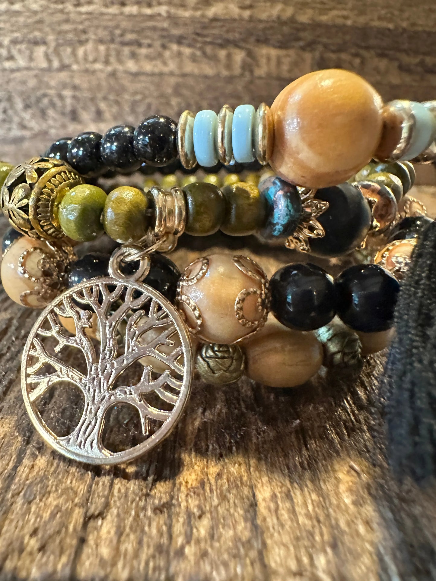 Boho Hippie Bracelet, Tassel Tree Of Life Pendant Stacked Wooden Bead Stretch Bracelet, 4 Pc/Set, Gift Box - Silver Elegant