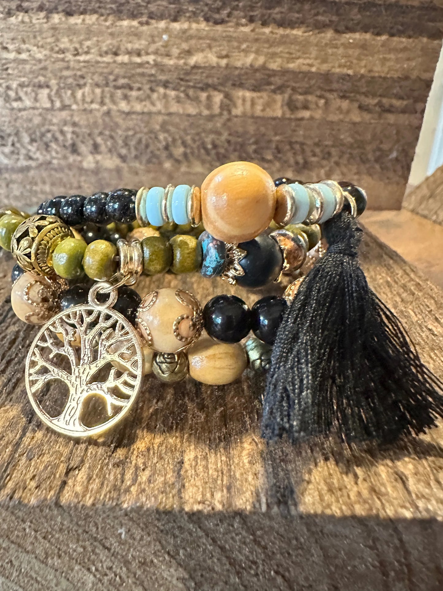 Boho Hippie Bracelet, Tassel Tree Of Life Pendant Stacked Wooden Bead Stretch Bracelet, 4 Pc/Set, Gift Box - Silver Elegant