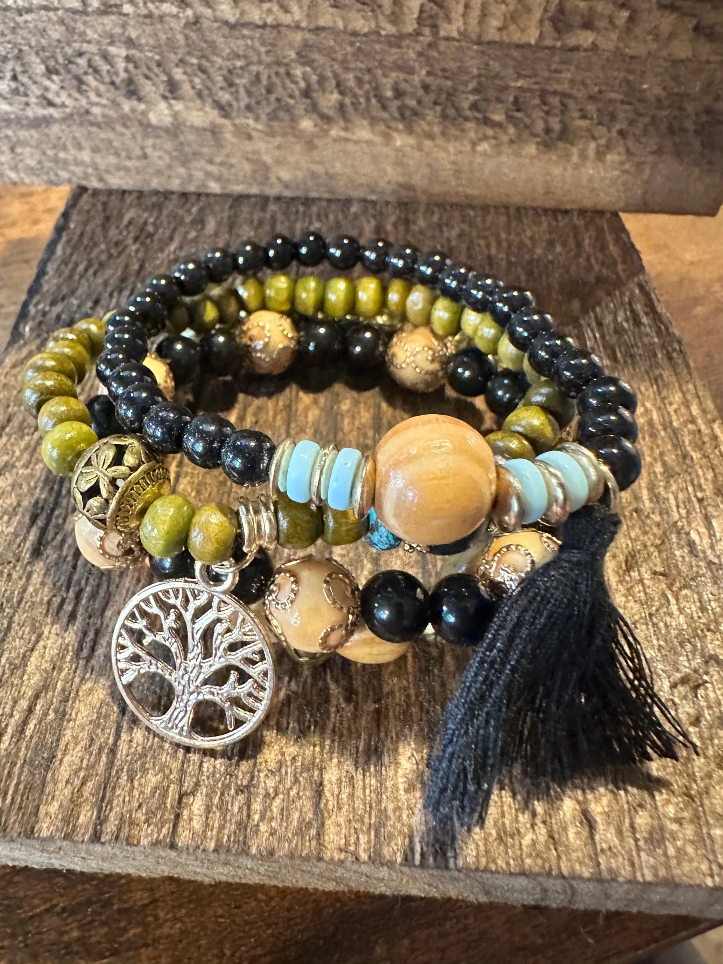 Boho Hippie Bracelet, Tassel Tree Of Life Pendant Stacked Wooden Bead Stretch Bracelet, 4 Pc/Set, Gift Box - Silver Elegant