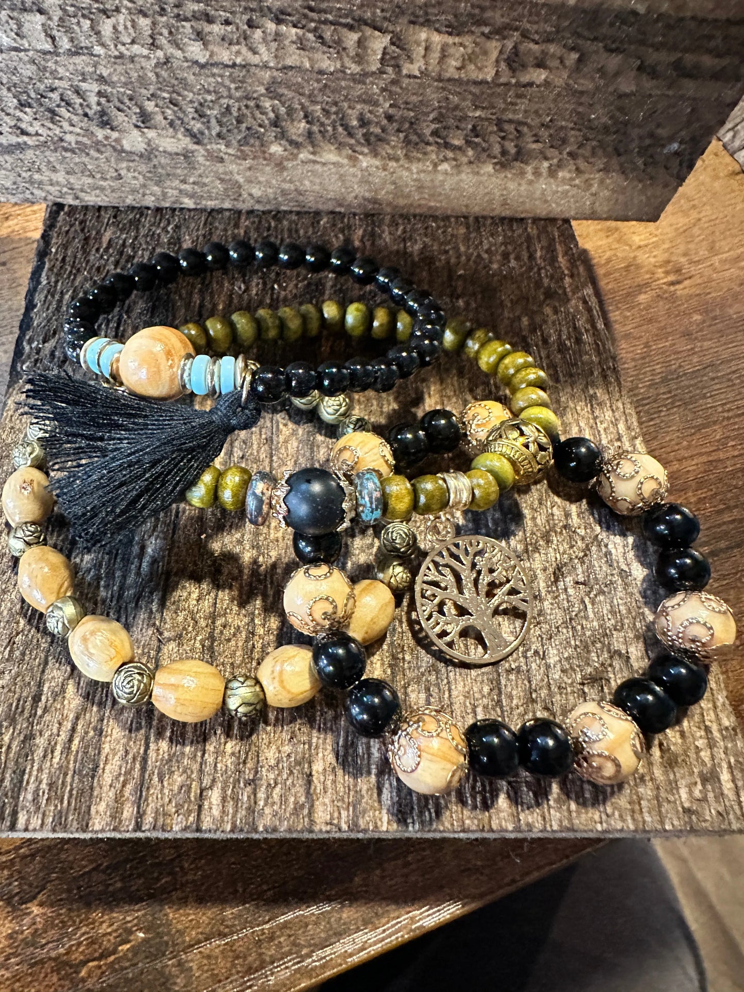 Boho Hippie Bracelet, Tassel Tree Of Life Pendant Stacked Wooden Bead Stretch Bracelet, 4 Pc/Set, Gift Box - Silver Elegant