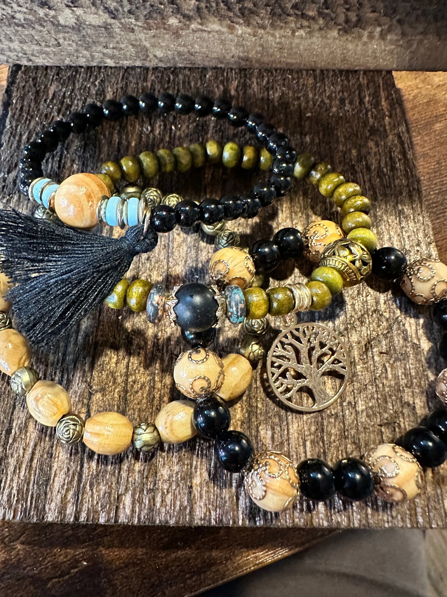 Boho Hippie Bracelet, Tassel Tree Of Life Pendant Stacked Wooden Bead Stretch Bracelet, 4 Pc/Set, Gift Box - Silver Elegant