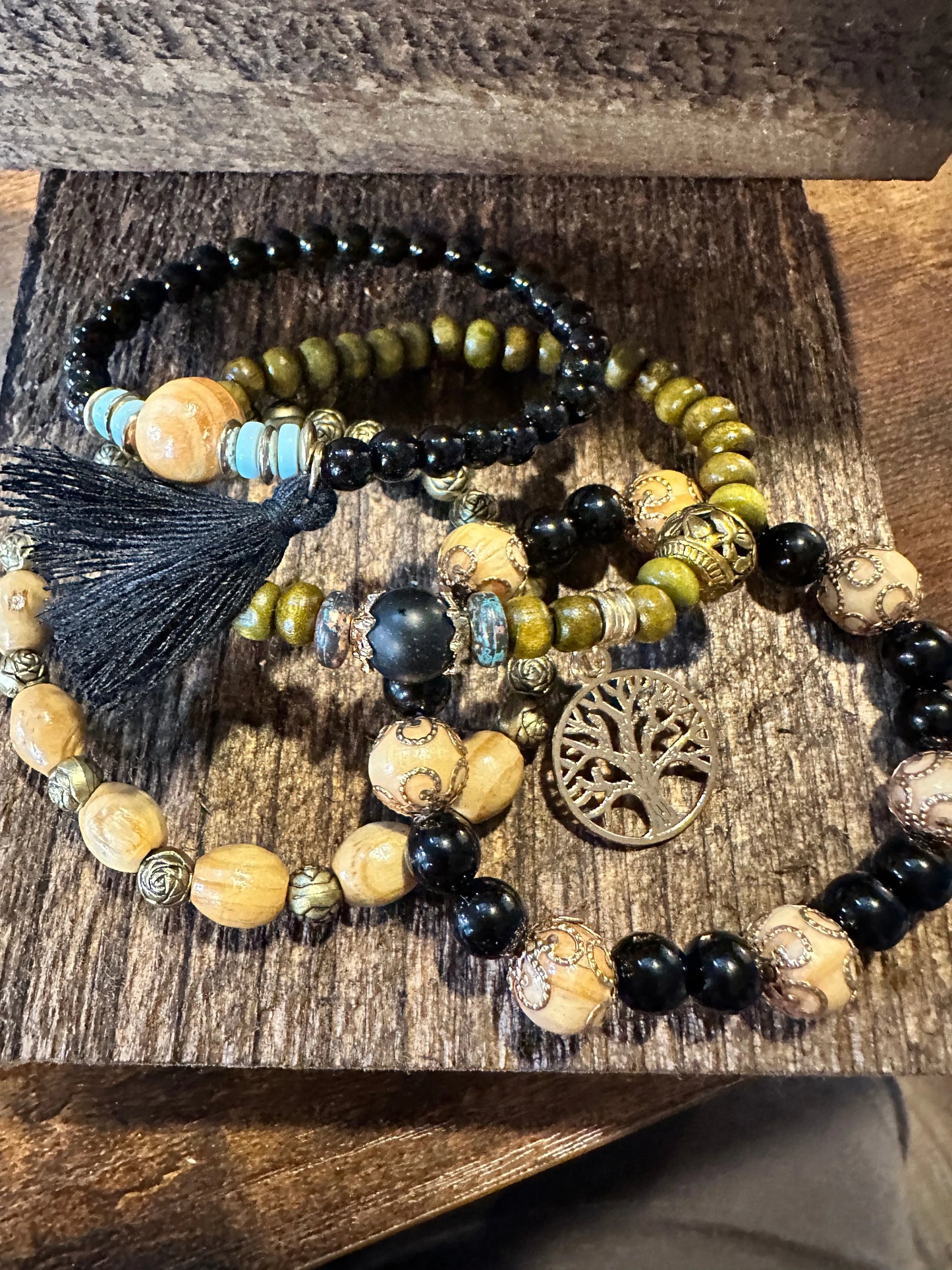 Boho Hippie Bracelet, Tassel Tree Of Life Pendant Stacked Wooden Bead Stretch Bracelet, 4 Pc/Set, Gift Box - Silver Elegant
