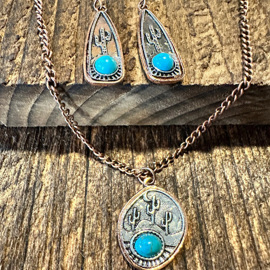 Boho SouthWestern Cowgirl Copper Turquoise Cactus Necklace/Drop Earring Set, Gift Box - Silver Elegant