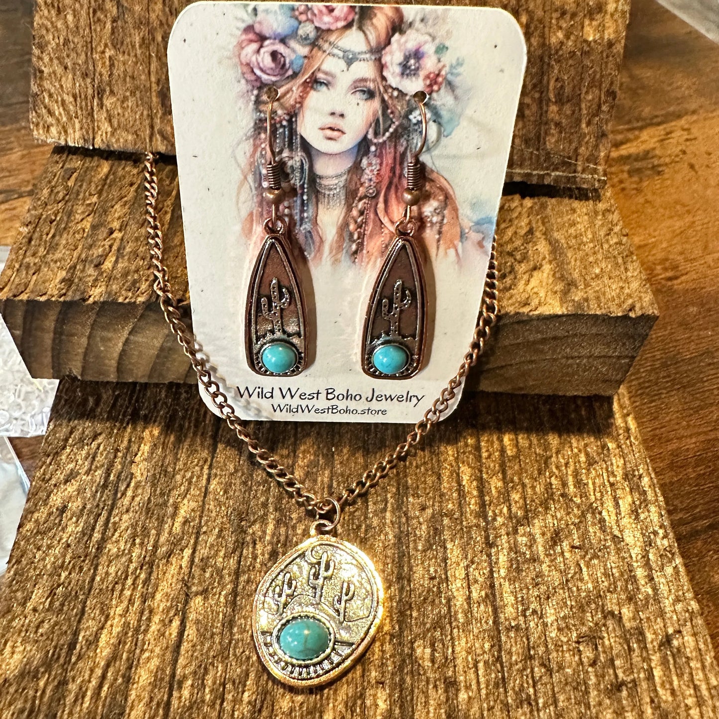 Boho SouthWestern Cowgirl Copper Turquoise Cactus Necklace/Drop Earring Set, Gift Box - Silver Elegant