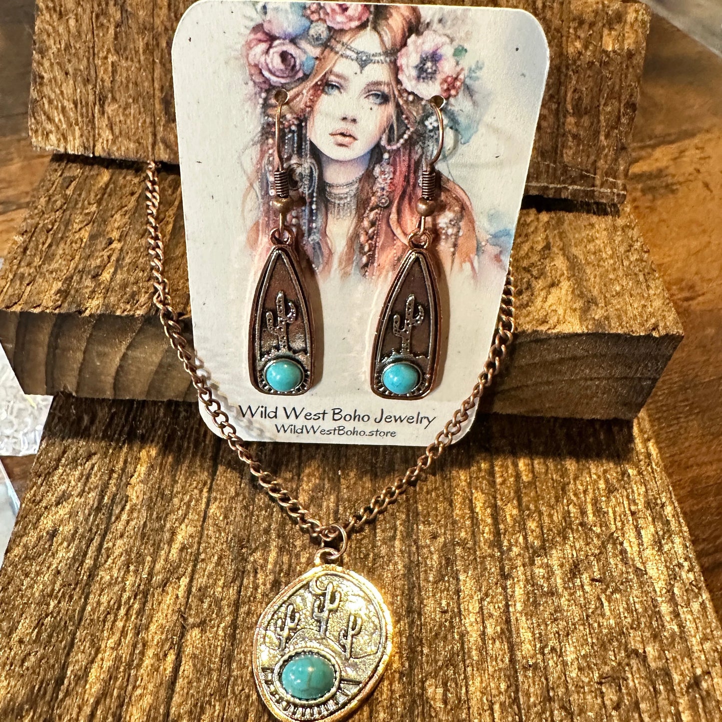 Boho SouthWestern Cowgirl Copper Turquoise Cactus Necklace/Drop Earring Set, Gift Box - Silver Elegant