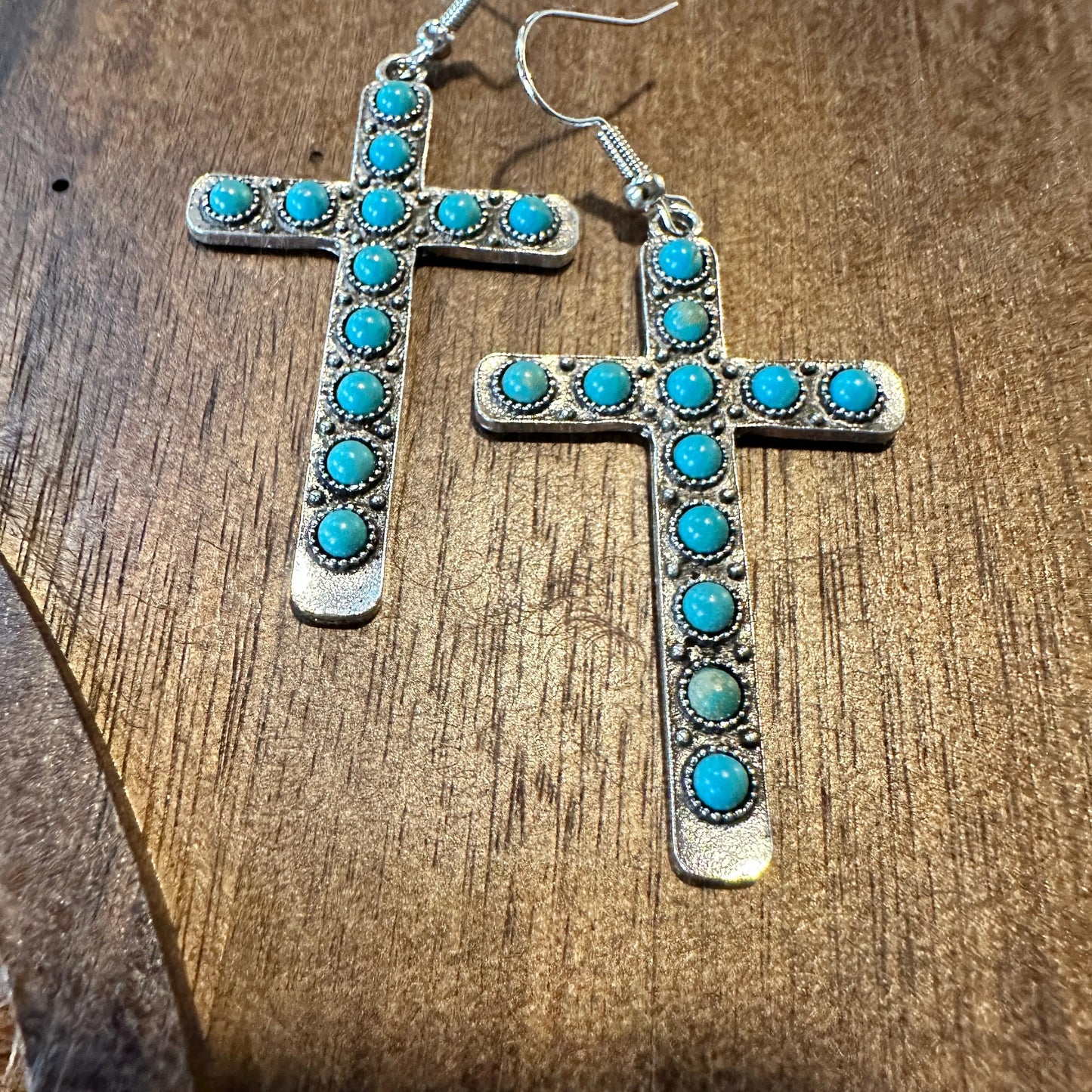 Boho Hippie Western Turquoise Stone Religion Cross Silver Drop Wire Earrings, Gift Box - Silver Elegant