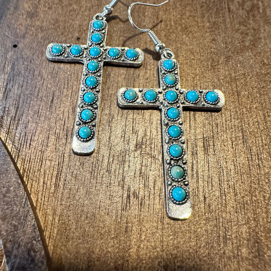 Boho Hippie Western Turquoise Stone Religion Cross Silver Drop Wire Earrings, Gift Box - Silver Elegant