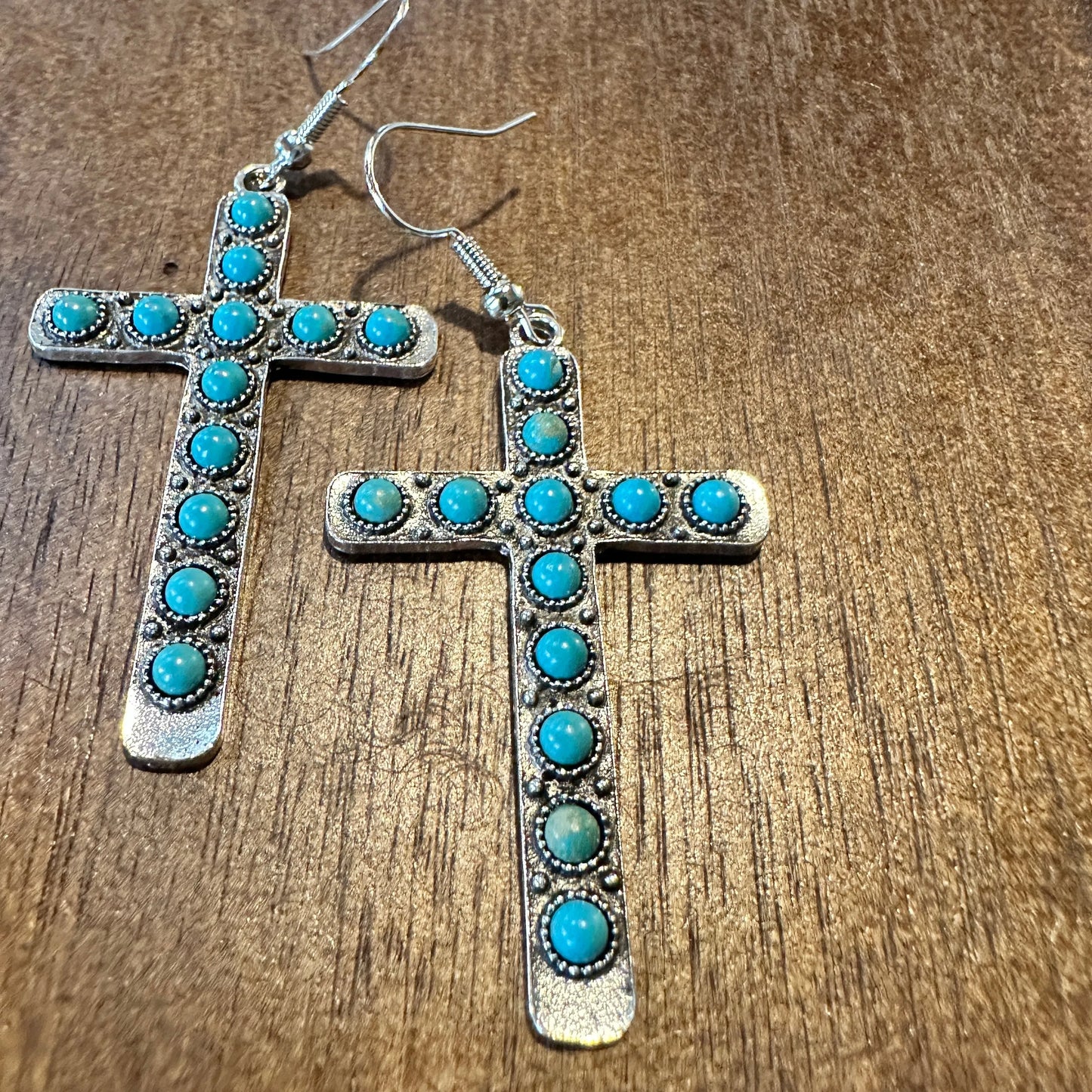 Boho Hippie Western Turquoise Stone Religion Cross Silver Drop Wire Earrings, Gift Box - Silver Elegant
