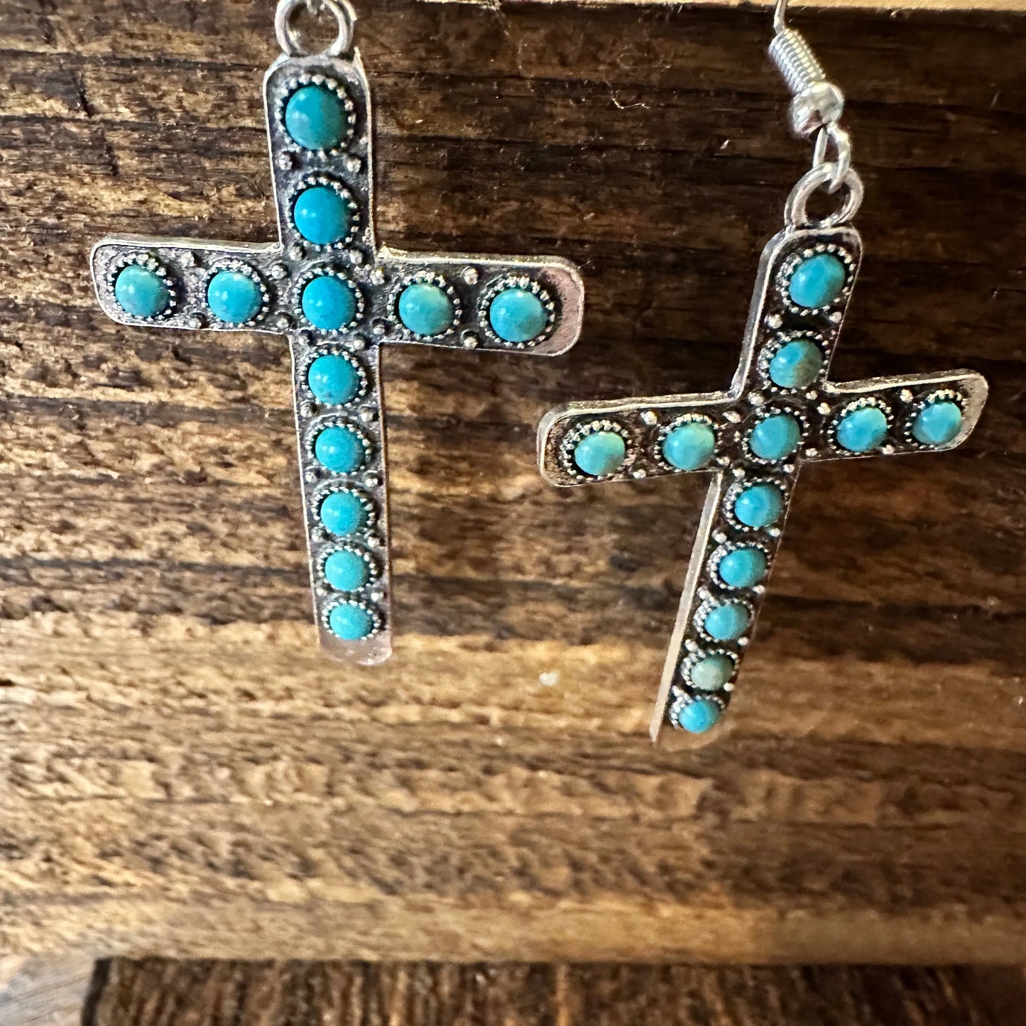 Boho Hippie Western Turquoise Stone Religion Cross Silver Drop Wire Earrings, Gift Box - Silver Elegant