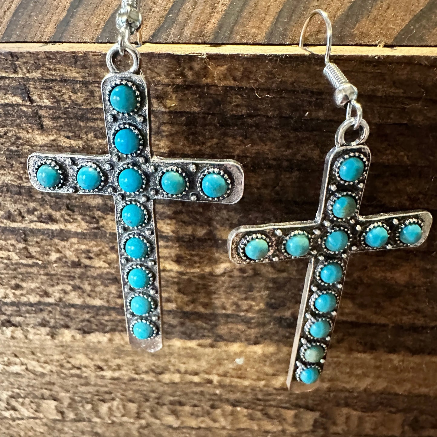 Boho Hippie Western Turquoise Stone Religion Cross Silver Drop Wire Earrings, Gift Box - Silver Elegant