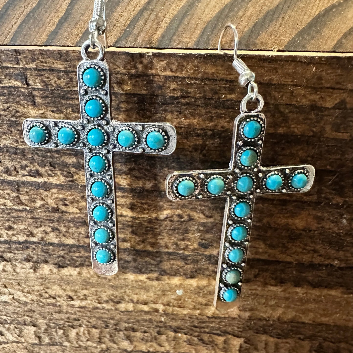 Boho Hippie Western Turquoise Stone Religion Cross Silver Drop Wire Earrings, Gift Box - Silver Elegant