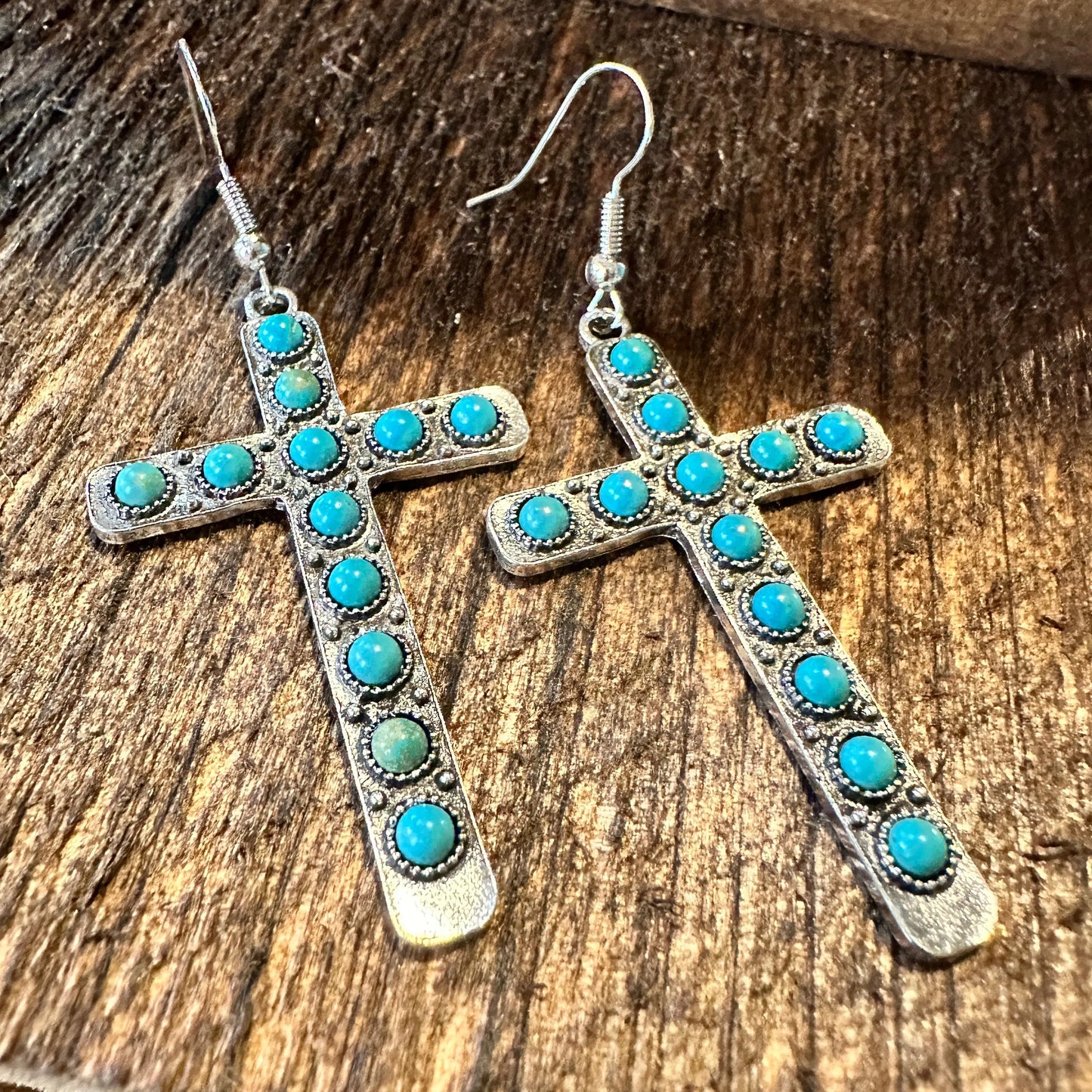 Boho Hippie Western Turquoise Stone Religion Cross Silver Drop Wire Earrings, Gift Box - Silver Elegant