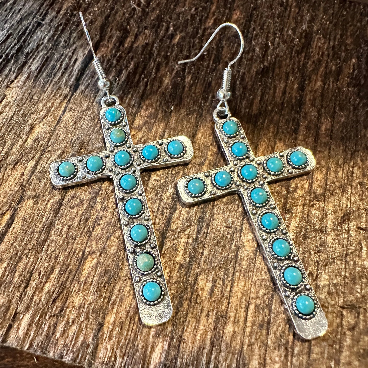 Boho Hippie Western Turquoise Stone Religion Cross Silver Drop Wire Earrings, Gift Box - Silver Elegant