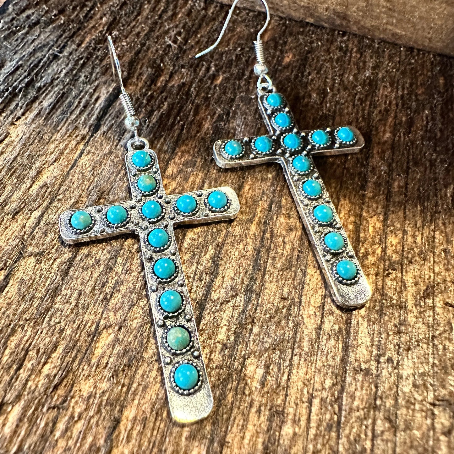 Boho Hippie Western Turquoise Stone Religion Cross Silver Drop Wire Earrings, Gift Box - Silver Elegant