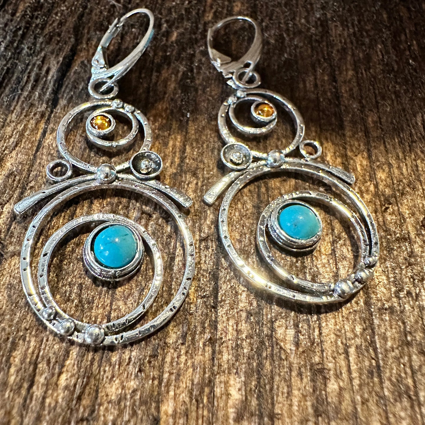 Boho Hippie Western Turquoise Stone Circle Silver Drop Wire Earrings, Gift Box - Silver Elegant