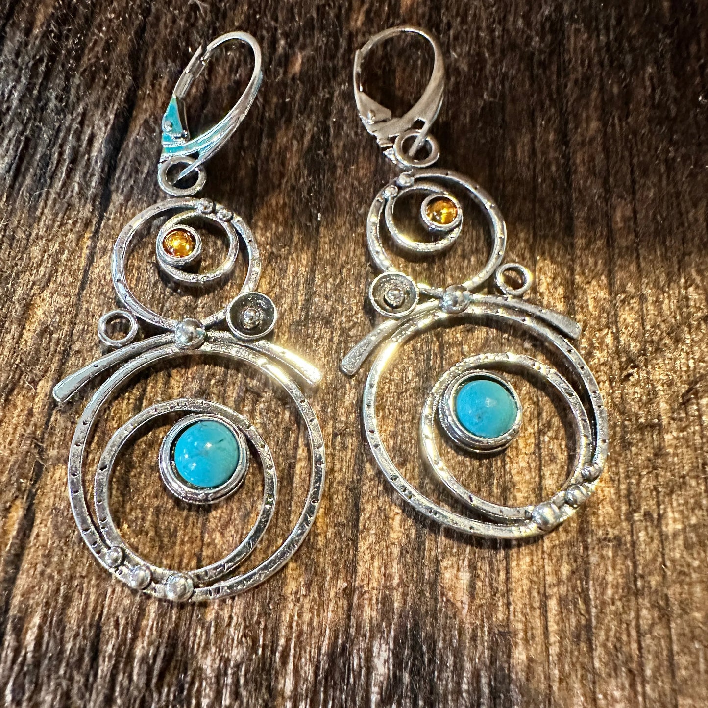 Boho Hippie Western Turquoise Stone Circle Silver Drop Wire Earrings, Gift Box - Silver Elegant