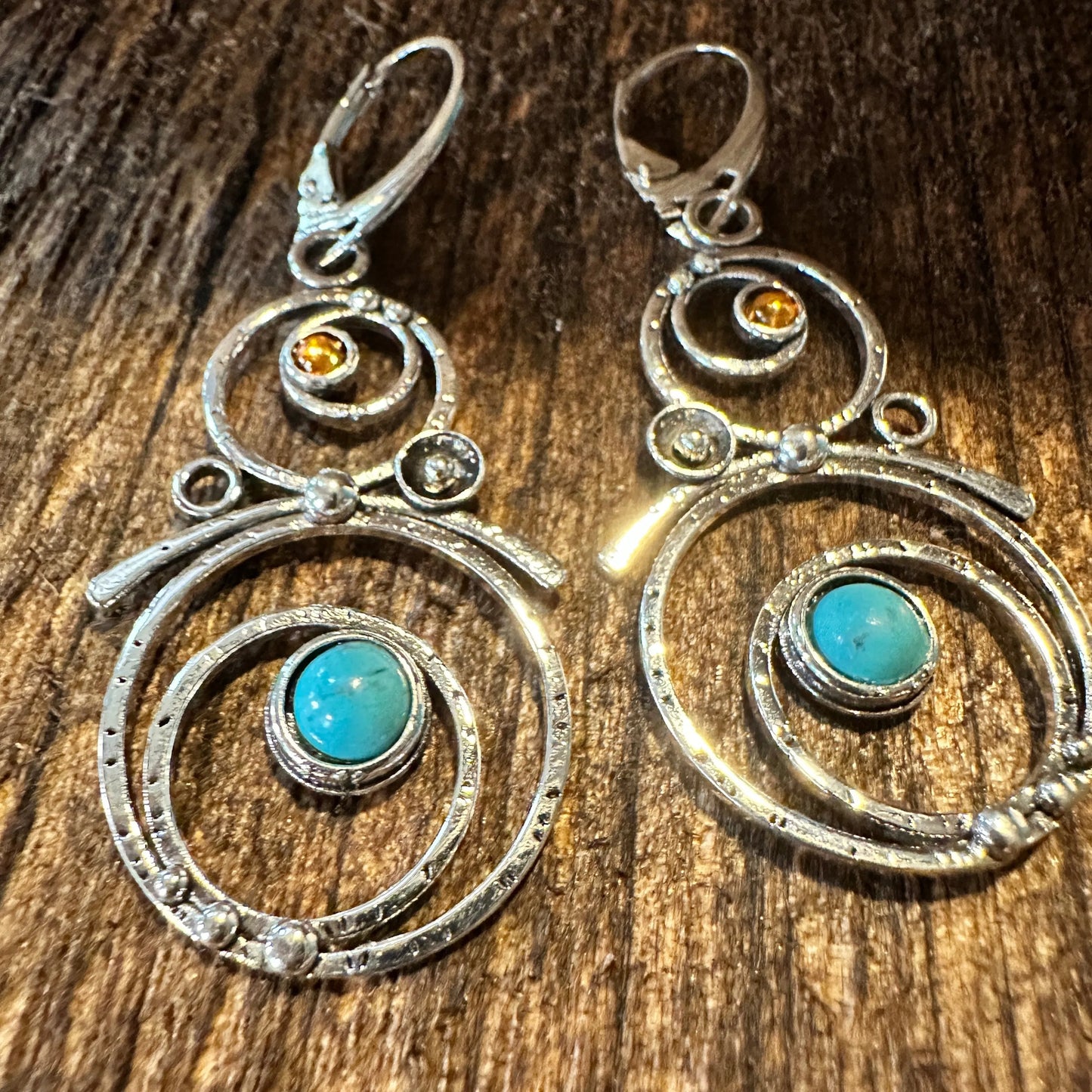 Boho Hippie Western Turquoise Stone Circle Silver Drop Wire Earrings, Gift Box - Silver Elegant