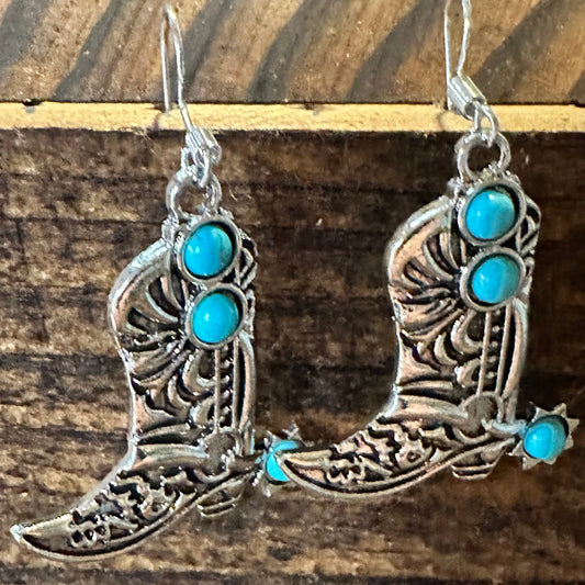 Boho Hippie Western CowgirlTurquoise Stone Boot Silver Drop Wire Earrings, Gift Box - Silver Elegant