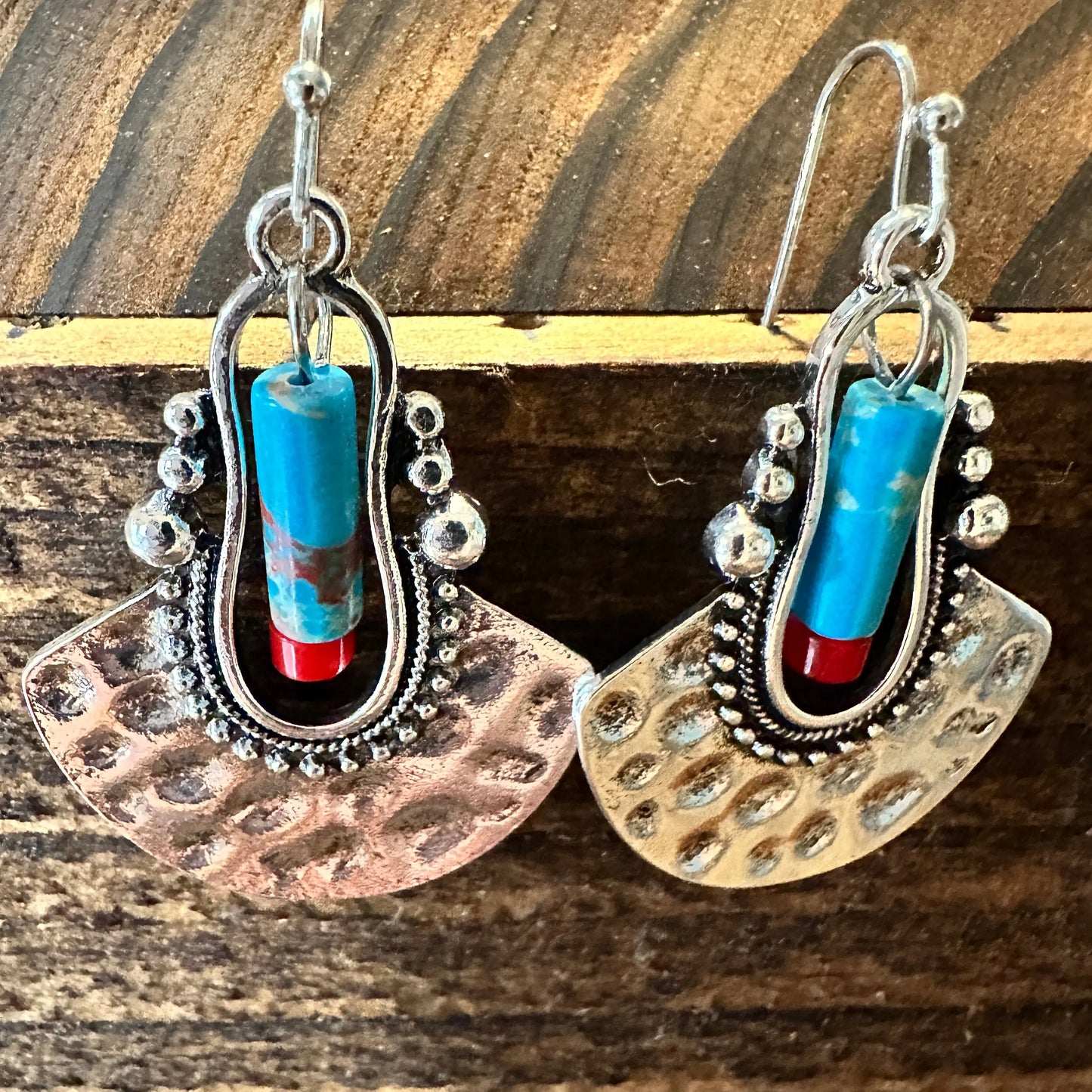 Boho Hippie Western Cowgirl Pounded Turquoise Stone Silver Drop Wire Earrings, Gift Box - Silver Elegant