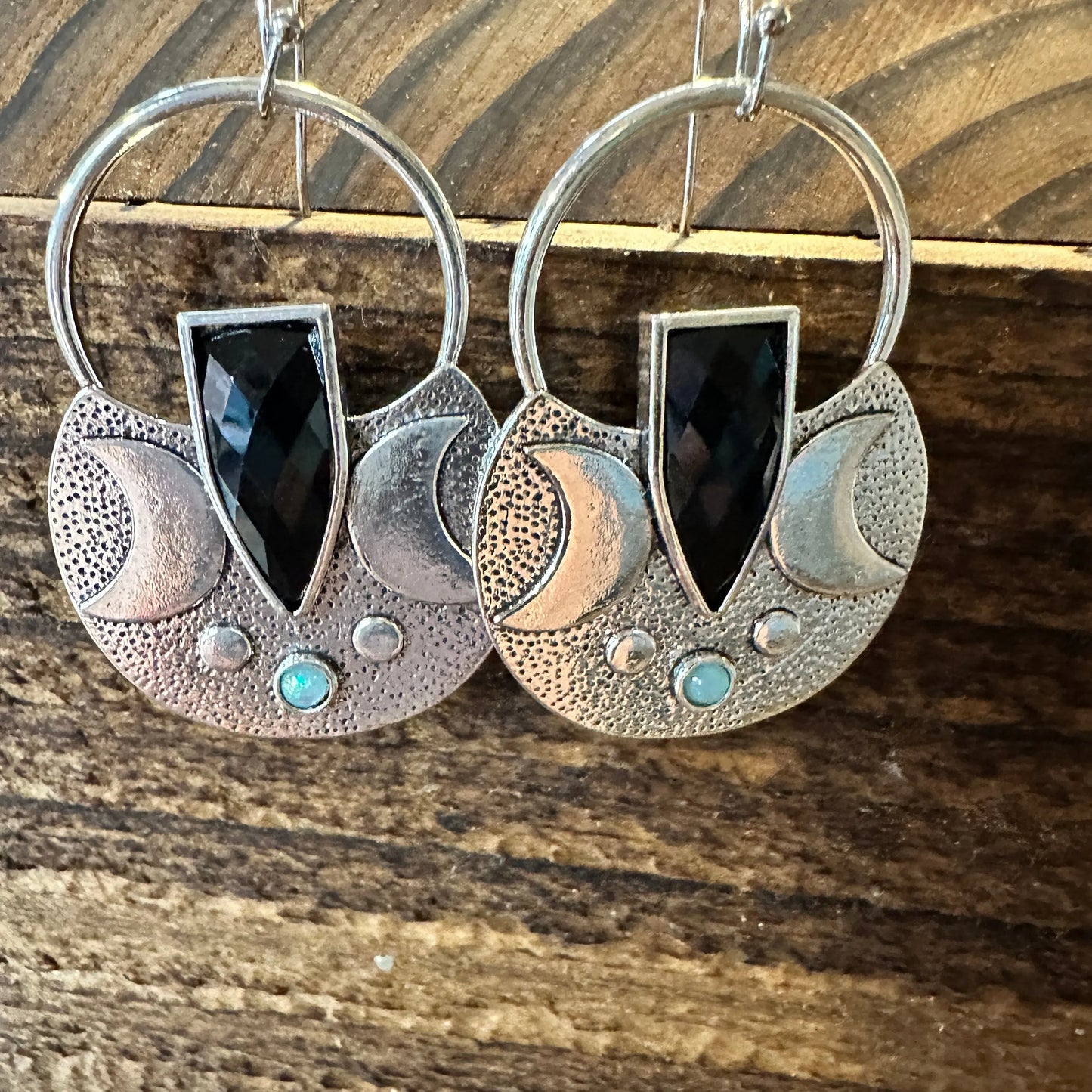 Boho Hippie Western Black Onyx Moon Silver Drop Wire Earrings, Gift Box - Silver Elegant